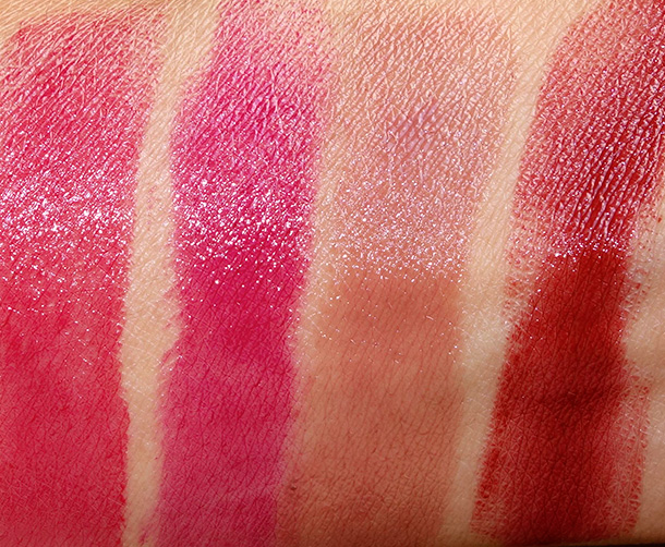 MAC Huggable Lipcolour Swatches from the left: Red Necessity, Commotion, Rich Marron and Rusty