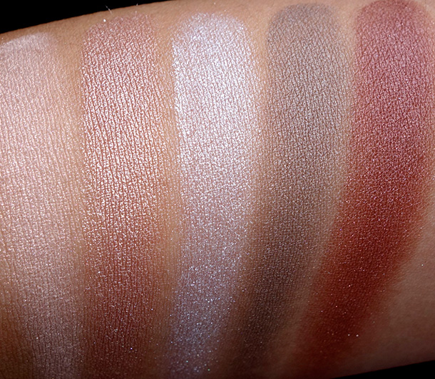 MAC Magnetic Nude Swatches, Extra Dimension Eye Shadows from the left: A Natural Flirt, Sweet Heat, Platinum Love, Amorous Alloy and Silver Dawn