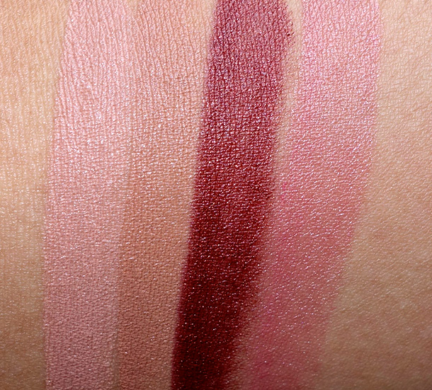 MAC Magnetic Nude Swatches, Lipsticks from the left: Close Contact, Sensual Sparks, Carnal Instinct and Morning Rose