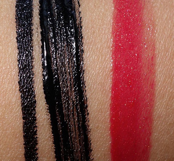 Marc Jacobs Beauty The Showstopper Set Swatches from the left: Magic Marc'er Precison Pen Eyeliner in Blacquer (10), Lash Lifter Gel Volume Mascara in Blacquer (20) and Lust for Lacquer Lip Vinyl in Kiss This (314, limited edition)