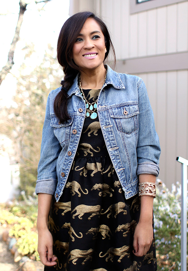 Anthropologie Panthere Dress, Gap Denim Jacket and Lucky Brand Necklace