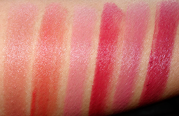 DHC Premium Lipstick GE swatches from the left: Swatches from the left: Rose Gold, Bold Persimmon, Petal Pink, Velvety Red, First Blush and Rich Raspberry