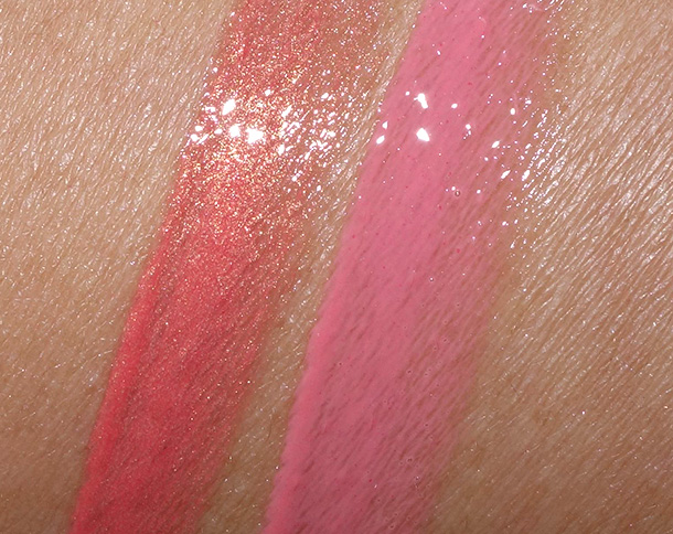 Swatches of the Hourglass Extreme Sheen Lip Gloss in Lush (left) and Origami (right)