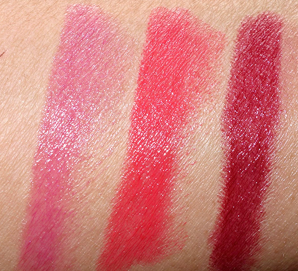 Laura Geller Love Me Dew swatches from the left: Purple Currant, Lychee Glace and Plum Freeze
