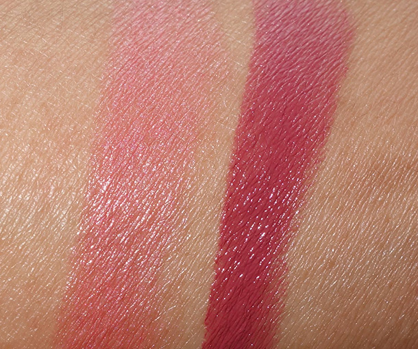 Le Metier de Beaute Hydra-Creme Lipstick Swatches in Butterfield 8 (left) and Grenadine (right)