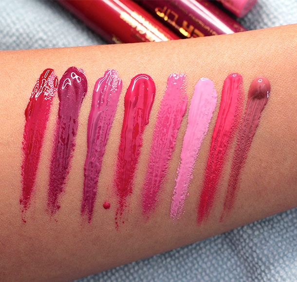 Milani Power Lip Swatches from the left: 01 Red Control, 02 Cabaret Blend, 03 Raspberry Tart, 04 Pink Lemonade, 05 Macaroon, 06 Strawberry Sugar, 07 Mango Tango and 08 Creamy Cafe