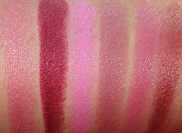 Milani Spring 2014 Color Statement Lipstick Swatches from the left: Sugar Glaze, Cabaret Blend, Pink Blend, Rose Femme, Pretty Natural and Cinnamon Spice