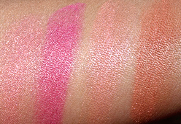 NYX Baked Blush Swatches from the left: Foreplay, Pink Fetish, Wanderlust and Ignite