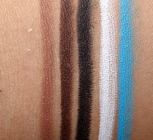 Obsessive Compulsive Cosmetics Colour Pencils Swatches of the shades you can wear on your lips, eyes and body (left to right): Anti-feathered, Pennyroyal, Sybil, Tarred, Feathered and Pool Boy