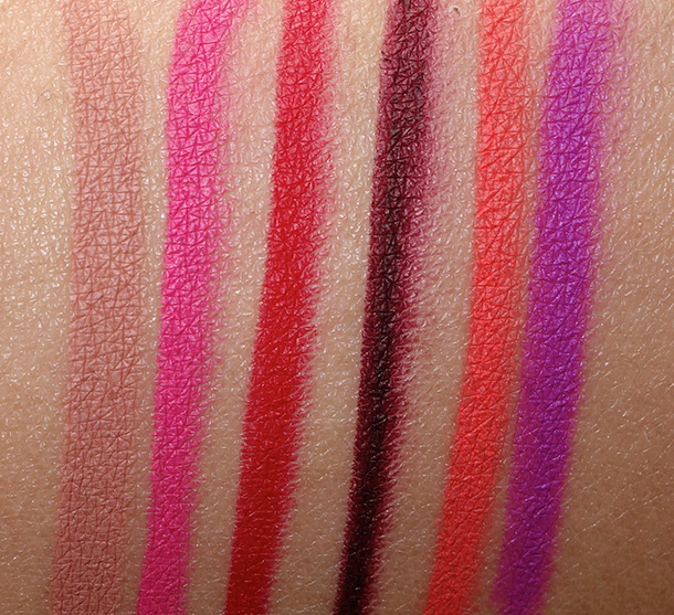 Obsessive Compulsive Cosmetics Colour Pencils Swatches of shades you can wear on lips and body (left to right): Trick, Anime, NSFW, Black Dahlia, Grandma and Hoochie