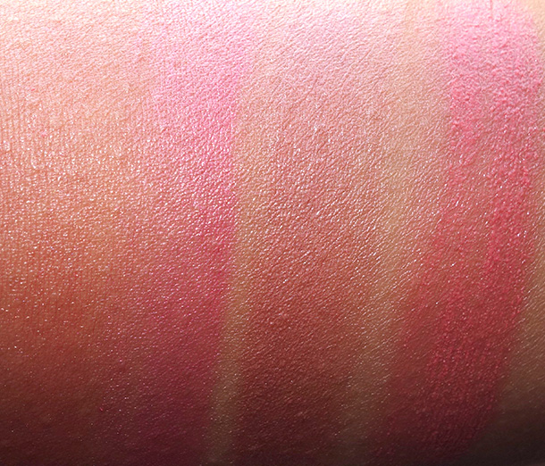 Tarte Cheek Stain Swatches from the left: Blissful, Blushing Bride, Exposed and Fearless