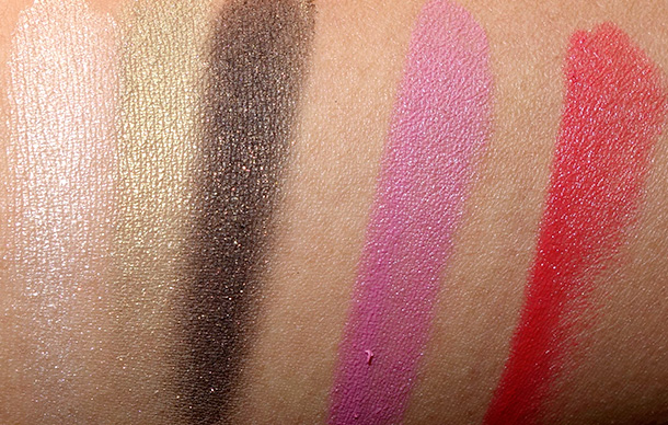 Swatches of Ulta Lip Crayon in Coral Kiss, Ulta Baked Eyeshadow in Wall Street, Maybelline ColorSensation Lipcolor in Make Me Pink