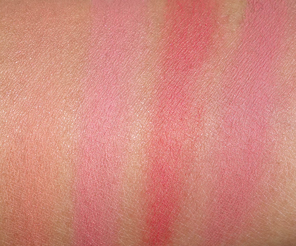 Clarins Multi Blush Swatches from the left: 01 Peach, 02 Candy, 03 Grenadine and 04 Rosewood