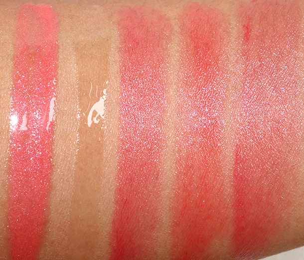 Clarins Opalescence Spring 2014 collection swatches from the left: Gloss Prodige Lip Gloss in Coral Tulip and Crystal; Joli Rouge Brilliant Lipsticks in Tropical Pink, Coral Tulip and Pink Orchid