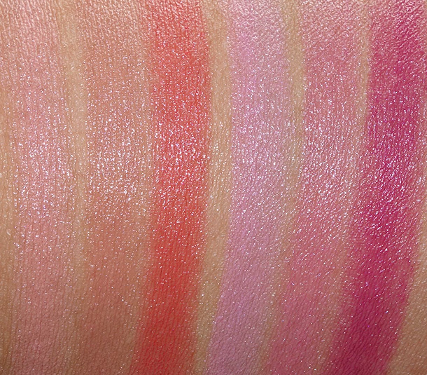 MAC A Fantasy of Flowers Lipstick Swatches from the left: Fleur D'Coral, Naked Bud, Dreaming Dahlia, Rose Lily, Snapdragon and Heavenly Hybrid