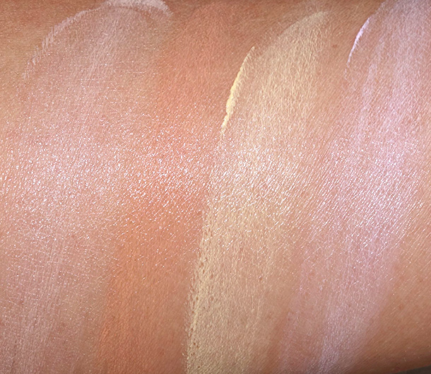 MAC Prep + Prime CC Colour Correcting SPF 30 Swatches from the left: Adjust, Recharge, Neutralize and Illuminate