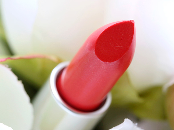 MAC Dreaming Dahlia Lipstick, a sheer reddish coral with a Lustre finish