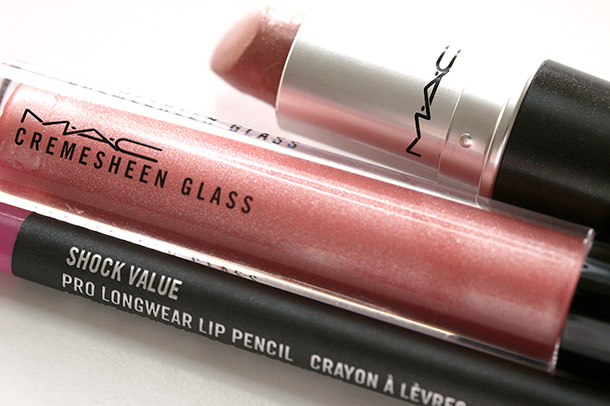 MAC Flare for Fantasy Cremesheen Glass, Modesty Lipstick and Shock Value Pro Longwear Lip Pencil