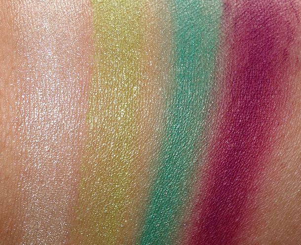 MAC A Fantasy of Flower Swatches from the left: Pigments in Lily White and Chartreuse Bouquet, and Fluidlines in Sassy Moss and Phlox Garden