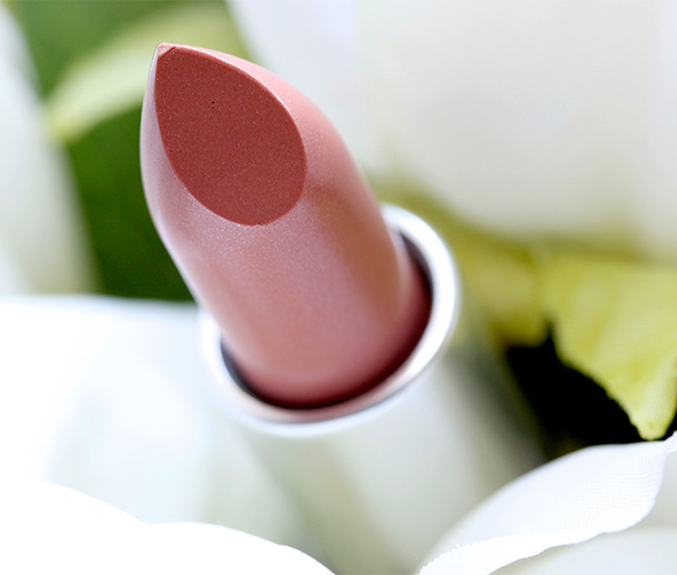 MAC Naked Bud Lipstick, a neutral sheer nude with a Lustre finish