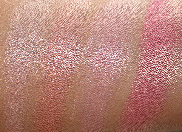 MAC A Fantasy of Flower Swatches from the left: Mineralize Skinfinishes in Perfect Topping and Stereo Rose, and Mineralize Blushes in Azalea in the Afternoon and Petal Power