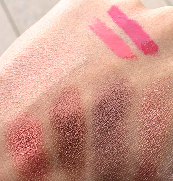 MAC Swatches, clockwise from the upper left: Mineralize Blush in Warm Soul, Pro Longwear Lipglass in Whoops, Pro Longwear Lipglass in Forever Rose, and Eye Shadows in Mythology, Twinks, Antiqued and Coppering