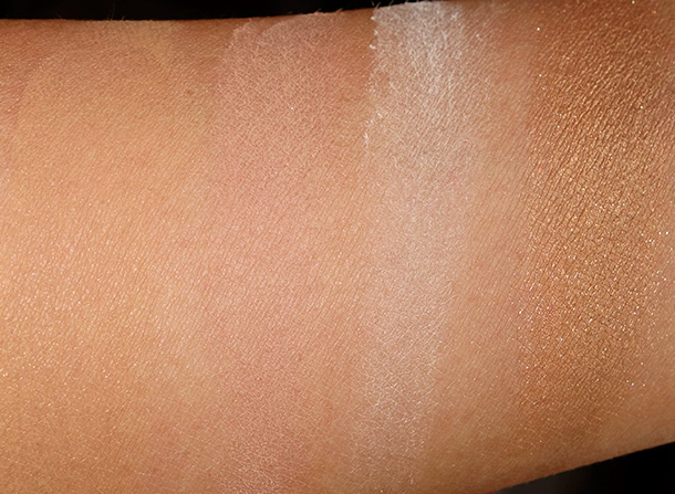 BECCA swatches from the left: Matte Skin Shine Proof Foundation in Bamboo, Blotting Powder Perfector in Tinted, Blotting Powder Perfector in Translucent and Shimmering Skin Perfector Pressed in Topaz