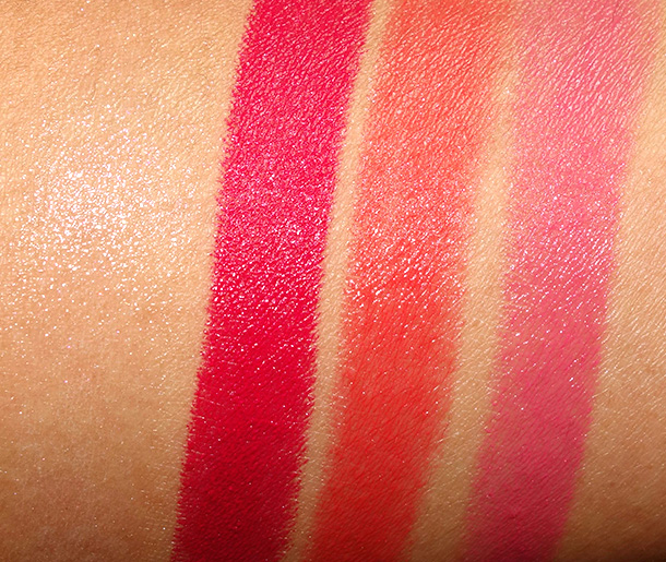Guerlain Rouge G swatches from the left: Rose Glace, Rose Grenat, Geneva and Geraldine