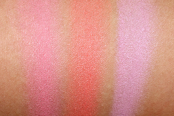 Swatches of MAC Lovecloud, Modern Mandarin and Full of Joy Blushes