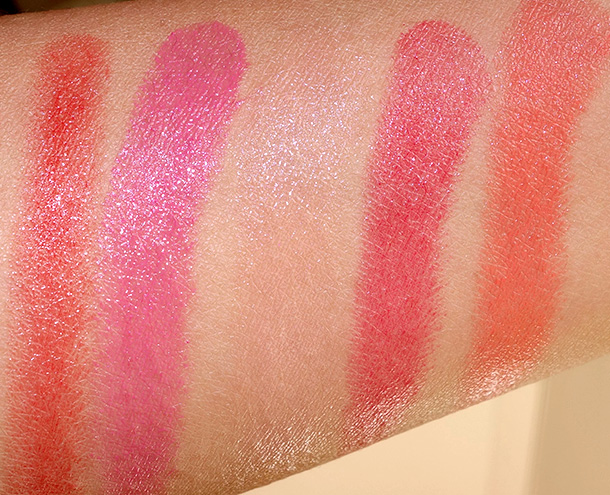 MAC Patentpolish Lip Pencil Swatches from the left: Berry Bold, Fearless, Innocent, Pleasant and Teen Dream
