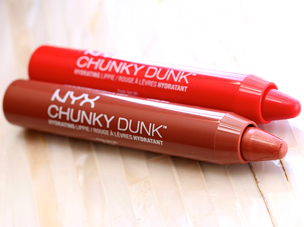 NYX Chunky Dunk Hydrating Lippie in Sex on the Beach (red shade) and Happy Buddha (brown shade)