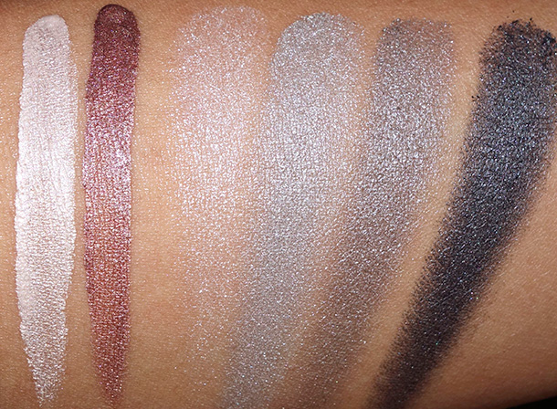 Sonia Kashuk Swatches from the left: Pearlescence Cream Shadows in Quartz and Diamond; Eye Quad in Up in Smoke