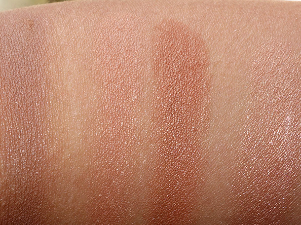 Too Faced Bonjour Soleil swatches from the left: Chocolate Soleil, lighter side of Sun Bunny, darker side of Sun Bunny and Snow Bunny (all shades mixed together)