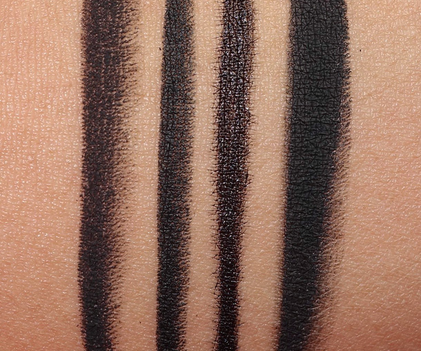 Urban Decay Summer 2014 Swatches from the left: 24/7 Velvet Glide-On Eye Pencil in Black Velvet, ll Nighter Eyeliner in Perversion, Ink for Eyes in Perversion and Super-Saturated Ultra Intese Waterproof Cream Eyeliner in Perversion
