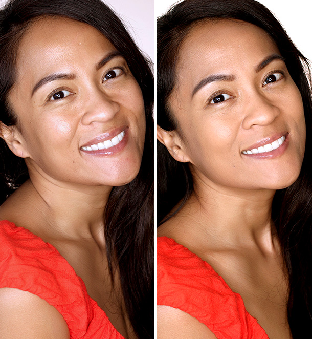 Before (left) and after (right) Becca Ever-Matte Shine Proof Foundation