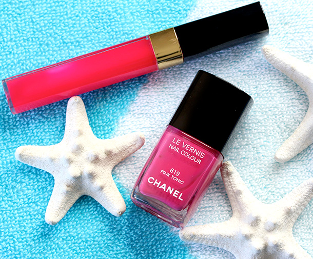 Chanel Happy Glossimer (a sheer coral jelly, $29.50) and Pink Tonic Le Vernis Nail Colour (a fuchsia, $27)