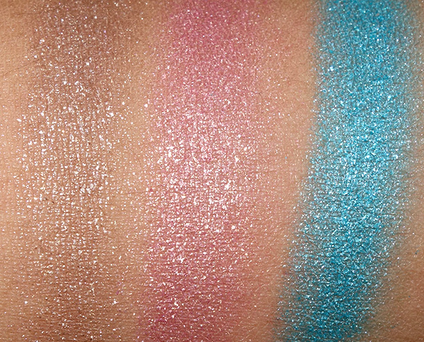 Essence Metal Glam swatches from the left: Coffee to Glow, Frosted Apple and Jewel Up the Ocean (applied wet)