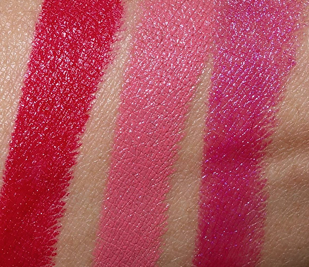 MAC By Request Lipstick Swatches from the left: Glam, Hoop and Pink Poodle