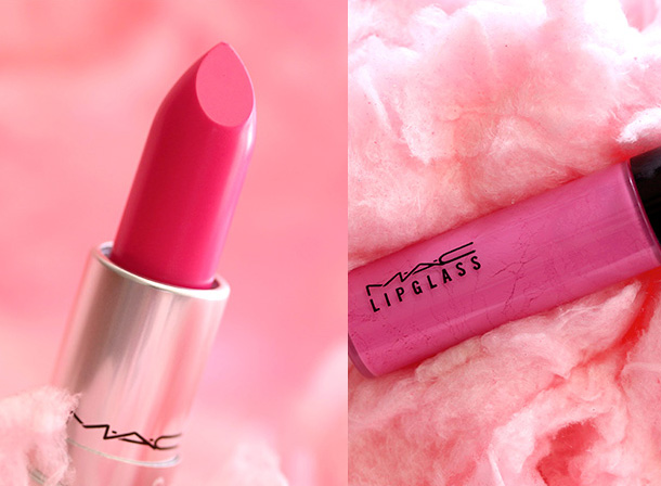 MAC Amplified Creme Lipstick in Happy-Go-Lucky, a hot pink and Lipglass in Pure Silliness, a creamy lilac