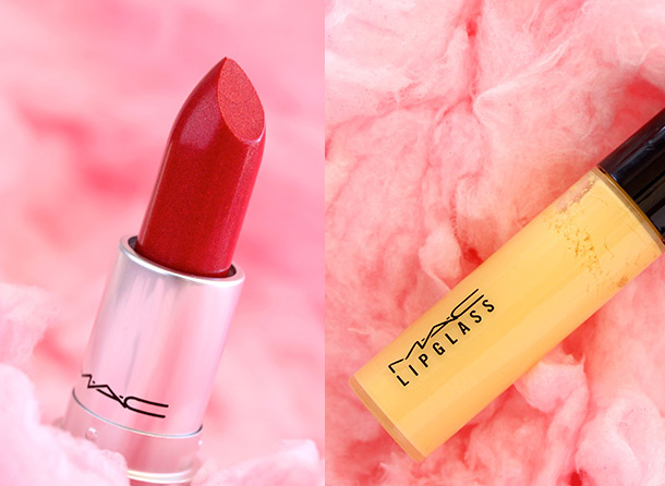 MAC Frost Lipstick in Head in the Clouds, a red with pearl, and Lipglass in Bright Side, a creamy yellow