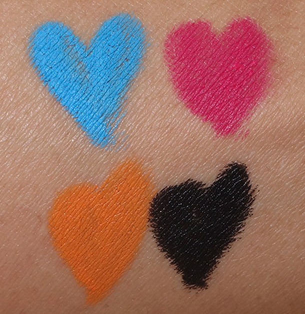 MAC Playland Chromagraphic Pencil Swatches clockwise from the orange heart in the lower left: Genuine Orange, Hi-Def Cyan, Process Magenta and Black Black