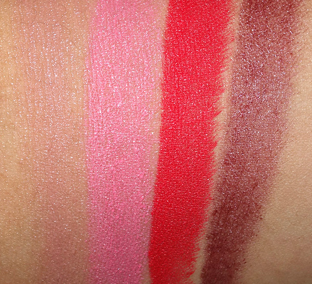 MAC Proenza Schouler Lipstick Swatches from the left: Woodrose, Pinkfringe, mangrove and Primrose