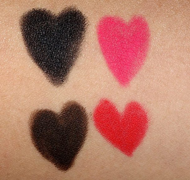MAC Proenza Schouler Pro Longwear Eye and Lip Pencil swatches clockwise from the brown heart in the lower left: Rich Experience, Black Ice, Dynamo and High Energy