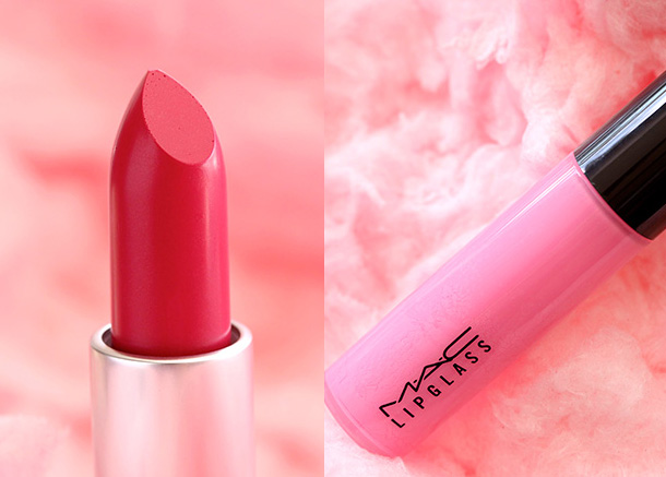 MAC Amplified Creme Lipstick in Red Balloon, a hot fuchsia, and Lipglass in Carousel, a creamy pink