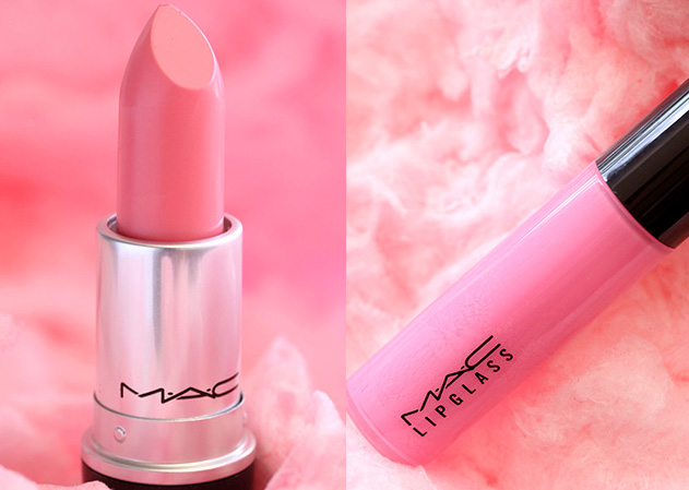 MAC Amplified Lipstick in Sweet Experience, a bright pink, and Lipglass in Carousel, a creamy pink