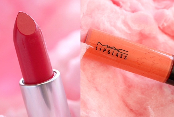 MAC Amplified Lipstick in Toying Around, a hot coral pink, and Lipglass in Live It Up, a creamy orange