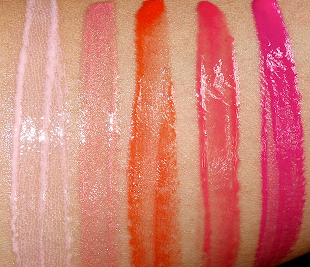 NARS Adult Swim Lip Gloss Swatches from the left: Turkish Delight, Orgasm, Wonder, Salamanca and Priscilla