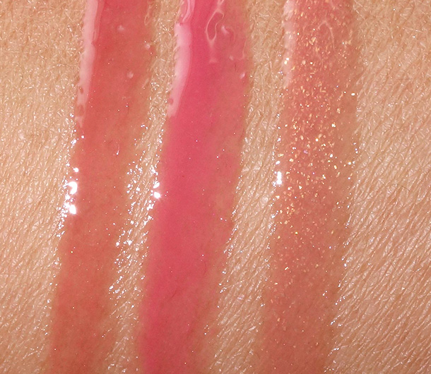 Tarte LipSurgence Lip Gloss swatches from the left: Exposed, Blushing Bride and Park Ave Princess