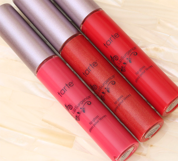 Tarte LipSurgence Lip Gloss Swatches from the left: Flush, Natural Beauty and True Love
