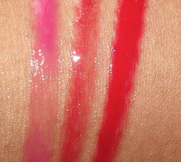 Tarte LipSurgence Lip Gloss Swatches from the left: Flush, Natural Beauty and True Love